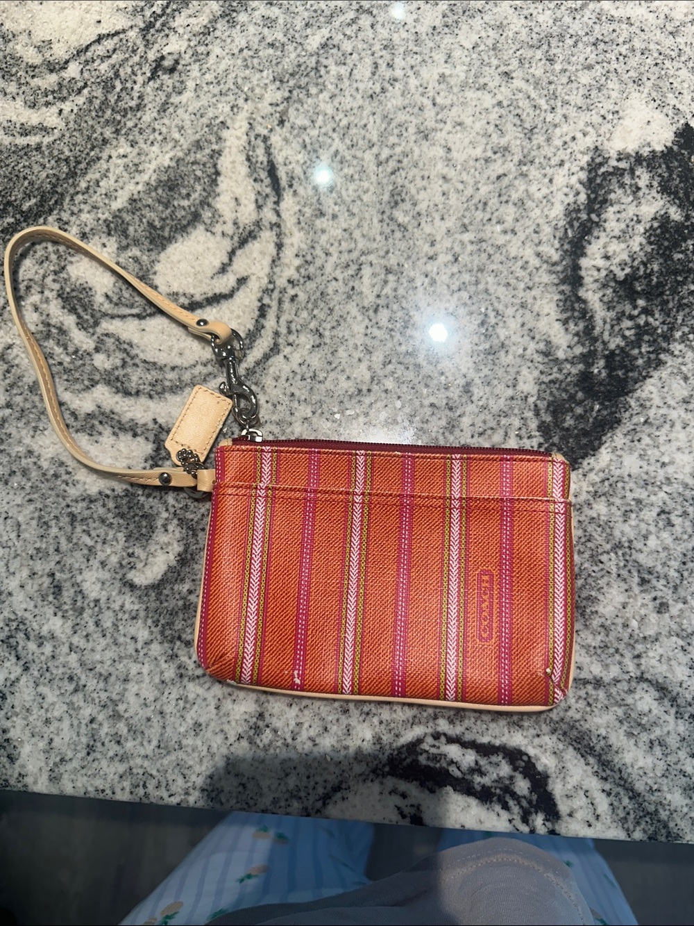 Coach Poppy Orange Pink Stripe Wristlet with Leather Strap